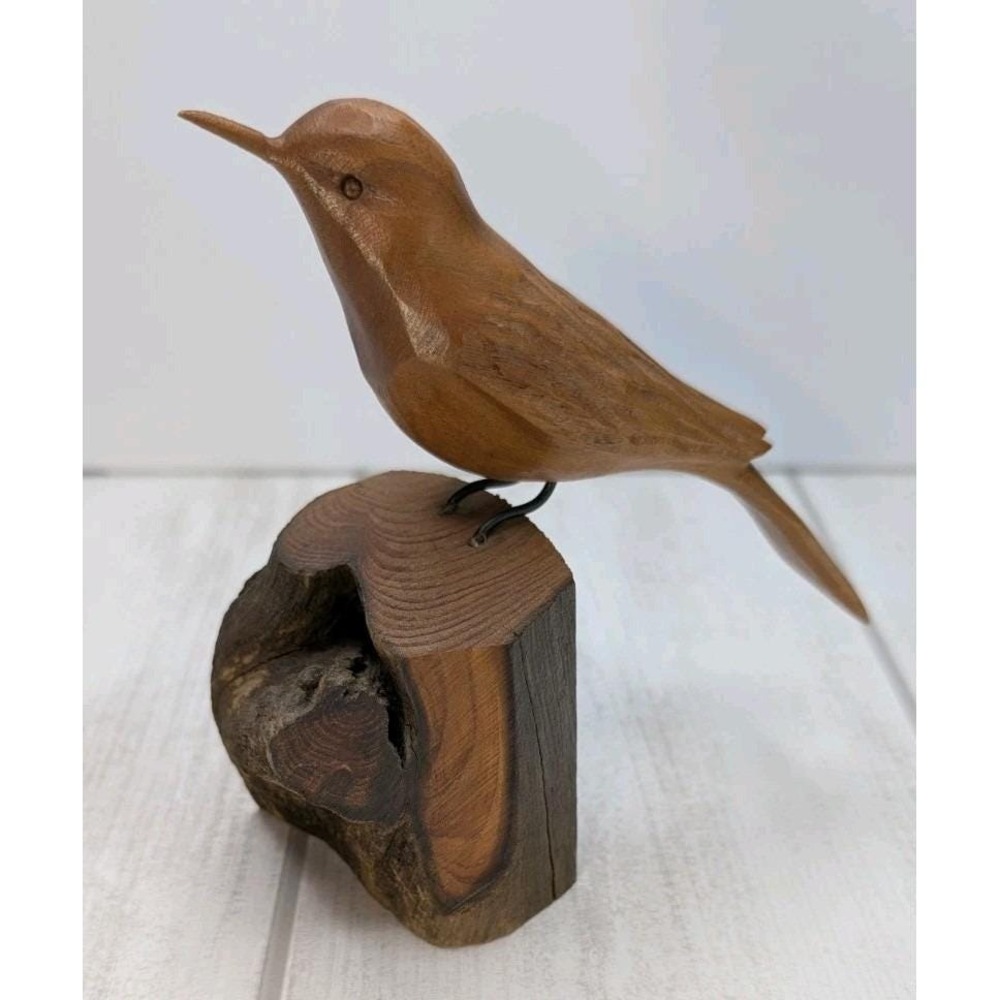 Vintage John Cowden Wood Carving Cardinal Carolina Wren Tennessee Folk Art MCM